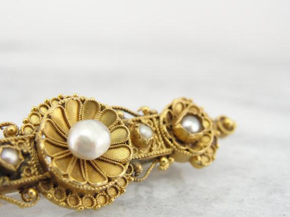 Etruscan Revival Victorian 22K Gold and Pearl Brooch