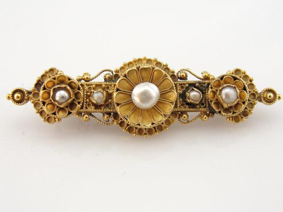 Etruscan Revival Victorian 22K Gold and Pearl Brooch