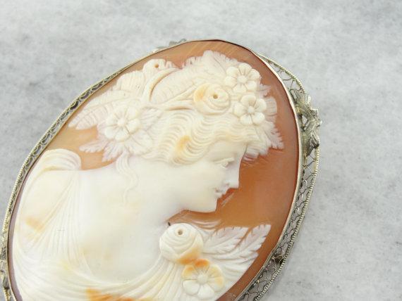 14k White Gold and Fine Shell Cameo, Antique Pendant, Brooch
