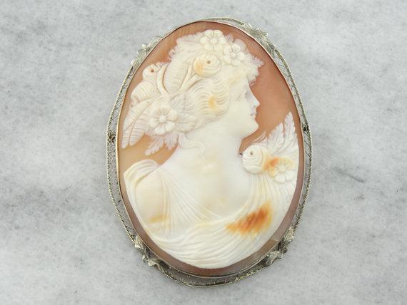 14k White Gold and Fine Shell Cameo, Antique Pendant, Brooch