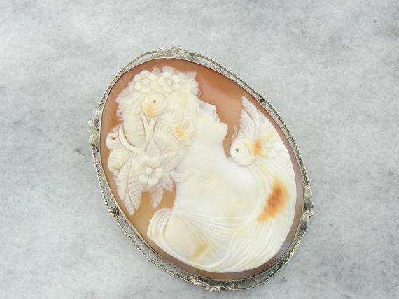 14k White Gold and Fine Shell Cameo, Antique Pendant, Brooch
