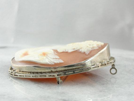 14k White Gold and Fine Shell Cameo, Antique Pendant, Brooch