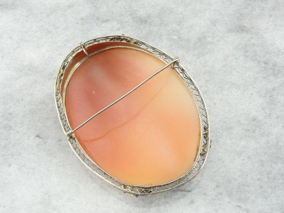 14k White Gold and Fine Shell Cameo, Antique Pendant, Brooch