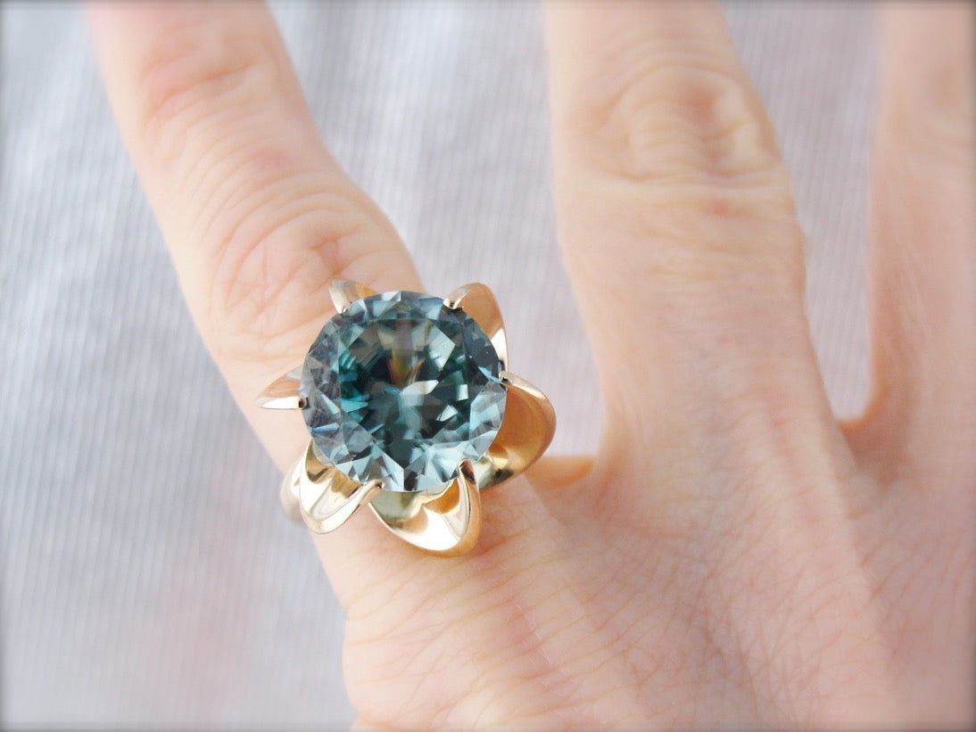 Blue Zircon Cocktail Ring, Vintage Blue Zircon Ring, Mid Century Statement Ring