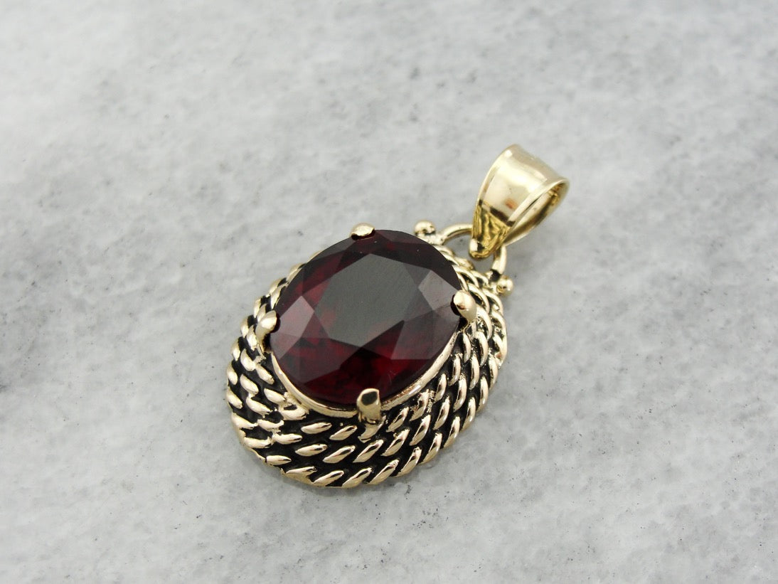 Vintage Pyrope Garnet Pendant, Rope Framed Pendant