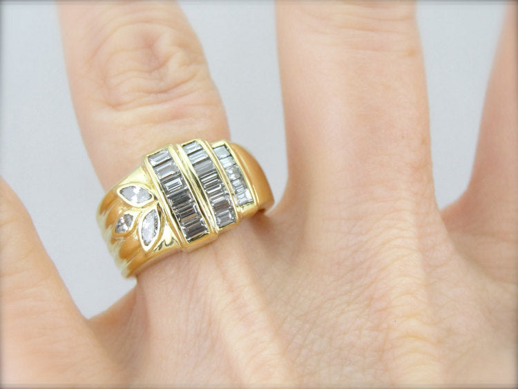 Solid and Bold, Asymmetrical Retro Design Fine Diamond Cocktail Ring