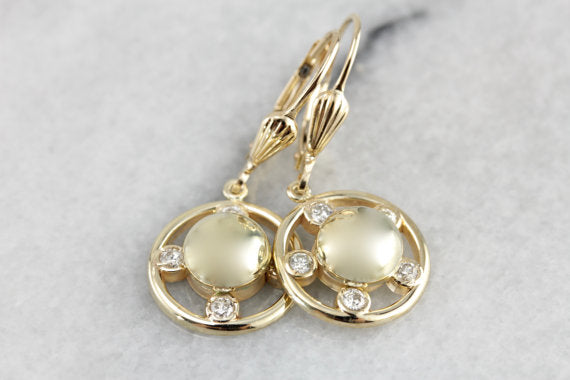 Vintage Diamond Drop Earrings, Versatile and Lovely Drops with Modernist Flair, Polished Yellow Gold