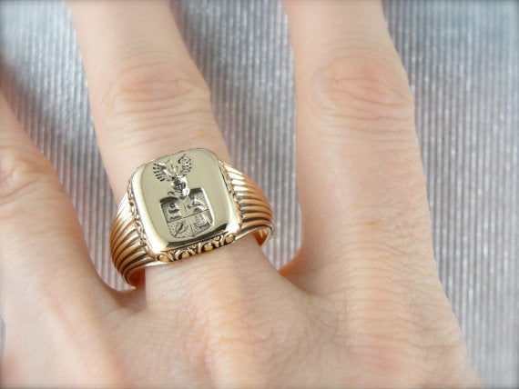 Vintage Coat Of Arms Men's Signet Ring, True Wax Stamping Style