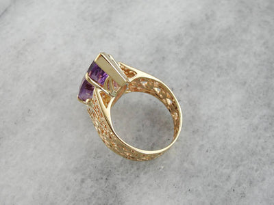 Large Marquise Cut Amethyst in Modern Filigree Wide Band Set in Yellow Gold