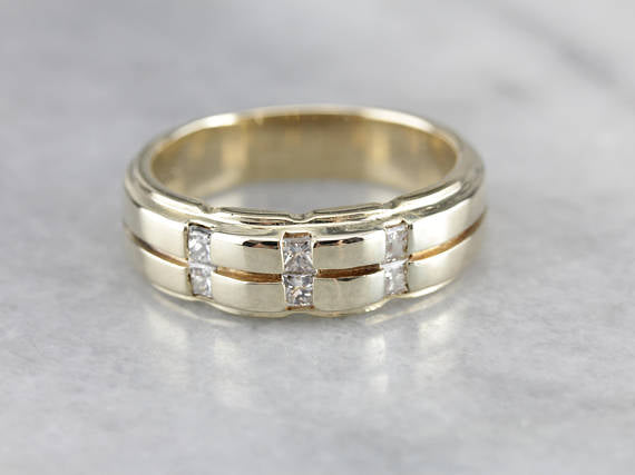 Men's Heavy Diamond Polished Gold Band