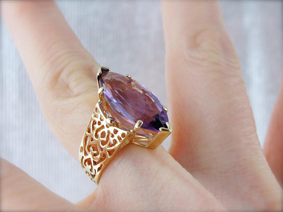 Large Marquise Cut Amethyst in Modern Filigree Wide Band Set in Yellow Gold