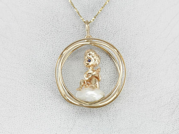 Sapphire Cherub Gold Pendant