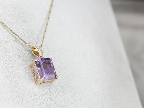 Amethyst And Diamond Drop Rectangular Cut Pendant