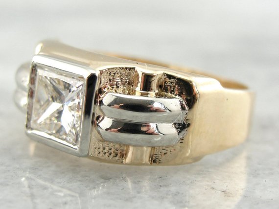 Retro Era Mens Ring with Square Diamond Center