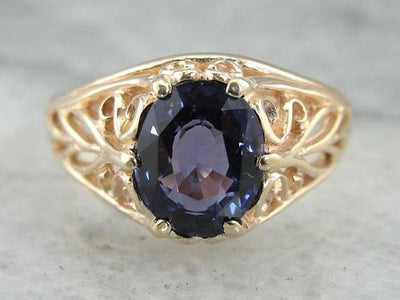 Rosy Gold and Purple Sapphire Filigree Ring for Engagement or Statement Piece