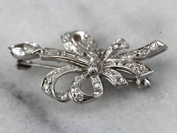 Sweeping Retro Era Platinum and Diamond Brooch