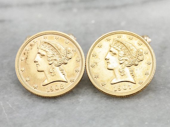 Solid Gold Coin Cufflinks, 1907 Gold Five Dollar, Liberty Head Coins
