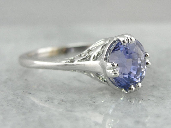 Floral Filigree Engagement Ring, Sapphire Solitaire, Lilac Sapphire