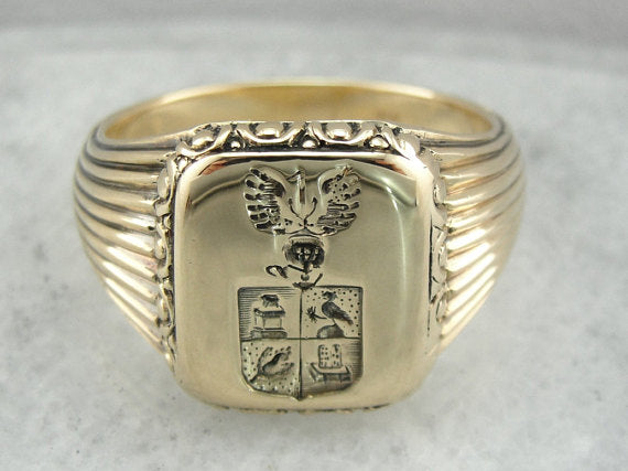 Vintage Coat Of Arms Men's Signet Ring, True Wax Stamping Style