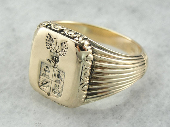 Vintage Coat Of Arms Men's Signet Ring, True Wax Stamping Style