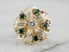 Mid Century Diamond and Demantoid Garnet Cocktail Ring in Yellow Gold, Bold Green Statement Ring