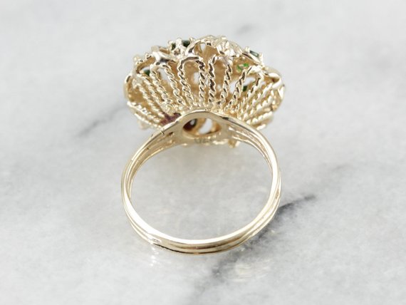 Mid Century Diamond and Demantoid Garnet Cocktail Ring in Yellow Gold, Bold Green Statement Ring