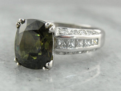 Collector's Quality, Stunning Demantoid Garnet and Diamond Statement Ring in Platinum, RARE