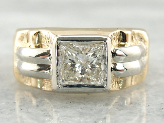 Retro Era Mens Ring with Square Diamond Center