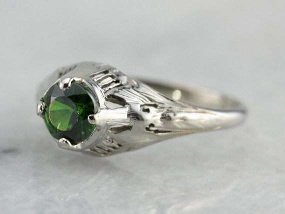 Art Deco Demantoid Garnet Solitaire Engagement Ring