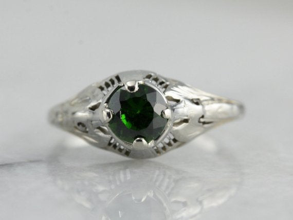 Art Deco Demantoid Garnet Solitaire Engagement Ring
