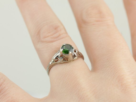 Art Deco Demantoid Garnet Solitaire Engagement Ring