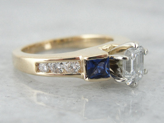 Substantial Modern Diamond Engagement Ring with Square Sapphire Accents