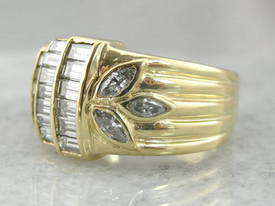 Solid and Bold, Asymmetrical Retro Design Fine Diamond Cocktail Ring