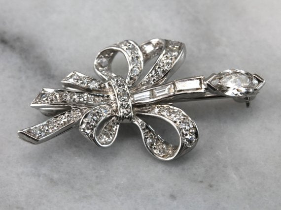 Sweeping Retro Era Platinum and Diamond Brooch
