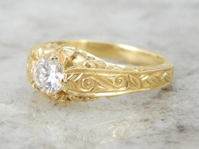 Finely Carved Diamond Solitaire Gold Engagement Ring
