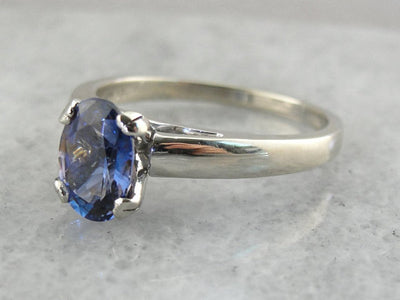 Large Sapphire Solitaire Engagement Ring in White Gold, Timeless Elegance