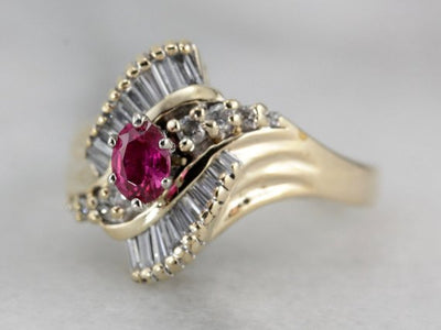 Ruby Statement, Fantastic Vintage Ruby Cocktail Ring with Sweeping Lines in Bright Gold  1ME5W4