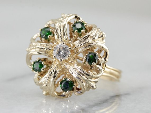 Mid Century Diamond and Demantoid Garnet Cocktail Ring in Yellow Gold, Bold Green Statement Ring