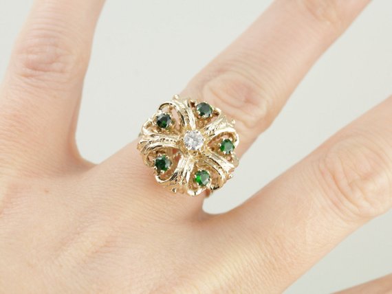 Mid Century Diamond and Demantoid Garnet Cocktail Ring in Yellow Gold, Bold Green Statement Ring