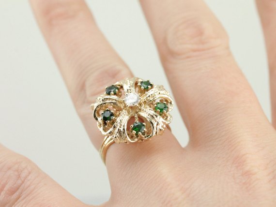 Mid Century Diamond and Demantoid Garnet Cocktail Ring in Yellow Gold, Bold Green Statement Ring