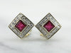 Contemporary Ruby and Diamond Halo Earrings