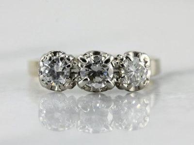 Vintage Three Stone Diamond Ring from the Mid Century Era, Wonderful Post World War II Style