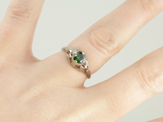 Art Deco Demantoid Garnet Solitaire Engagement Ring