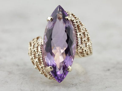 Large Marquise Cut Amethyst in Mid Century Modern Cocktail Setting