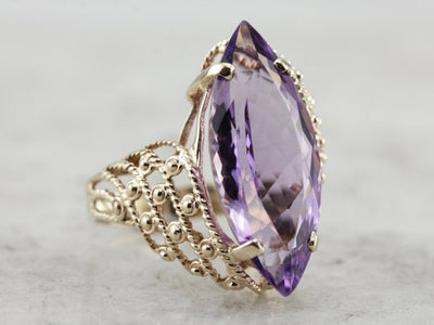 Large Marquise Cut Amethyst in Mid Century Modern Cocktail Setting