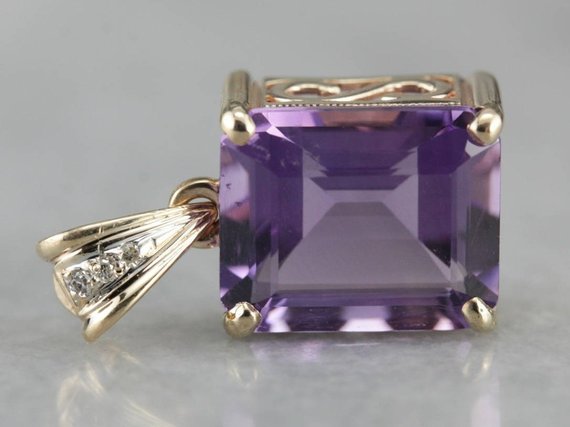 Amethyst And Diamond Drop Rectangular Cut Pendant