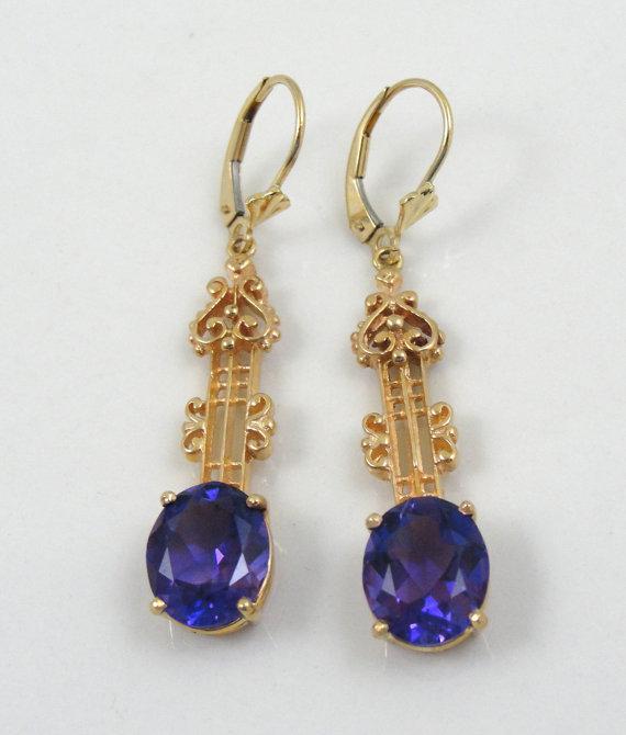 Royal Purple Amethyst Gold Filigree Bar Drop Earrings