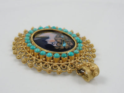 Enamel Color Cameo with Fine Filigree Frame and Turquoise