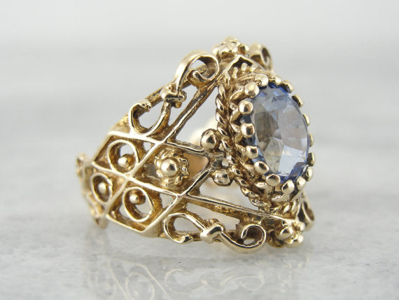 Wide Filigree Blue Ceylon Sapphire Ring