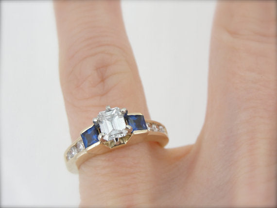 Substantial Modern Diamond Engagement Ring with Square Sapphire Accents